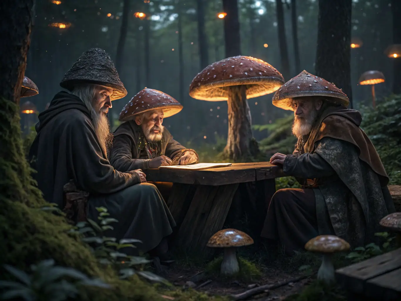 A digital rendering of a council of wise, elder mushroom characters gathered around a table, discussing important decisions and shaping the future of the FUNGI FREAKS ecosystem.