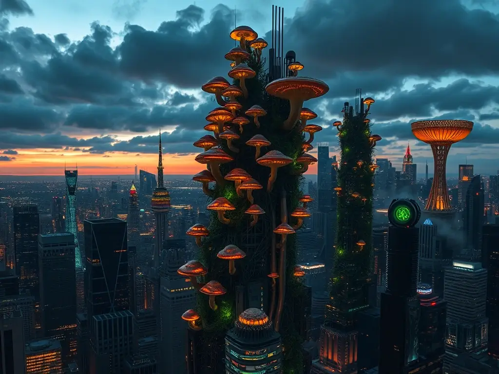 A futuristic cityscape overgrown with mushrooms and mycelium, symbolizing the integration of Fungi Freaks into the broader crypto landscape.