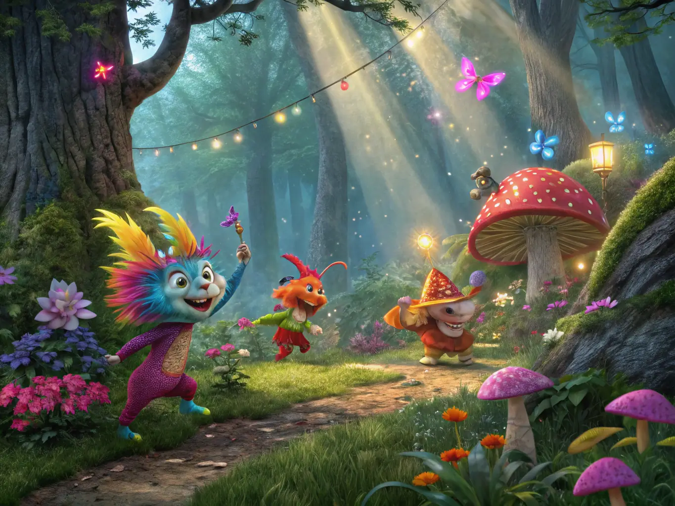 A digital illustration of a vibrant, enchanted forest scene with glowing mushrooms and playful, monster-like mushroom characters interacting with each other, representing the FUNGI FREAKS community.