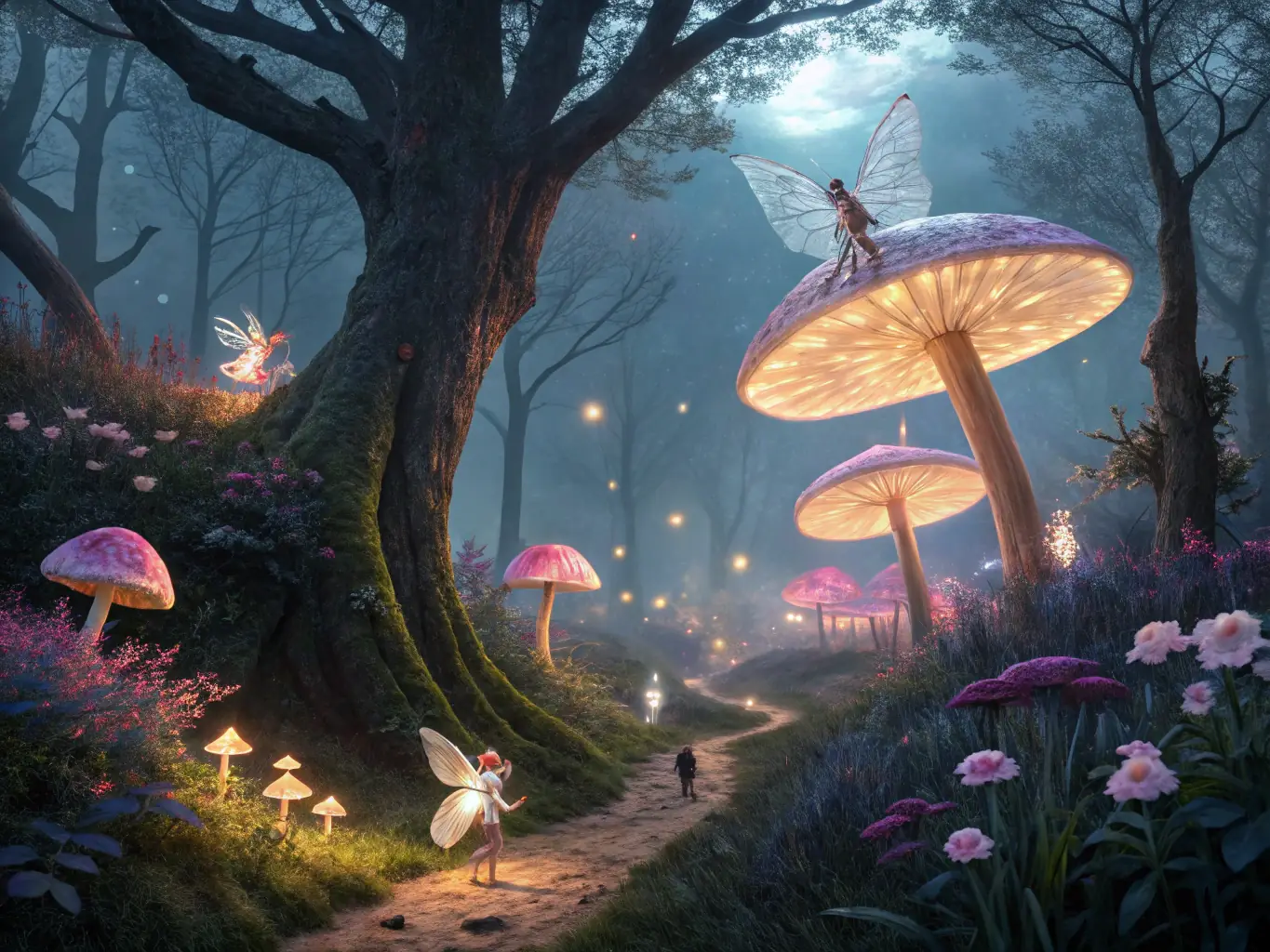 A digital artwork depicting a mystical mushroom farm within the forest, showcasing various types of mushrooms being cultivated and harvested by friendly mushroom characters.