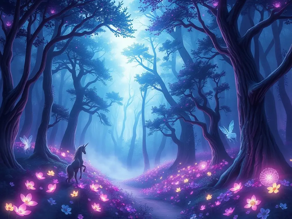 A futuristic forest scene with glowing mushrooms and advanced technology, representing the long-term vision and innovative features of the FUNGI FREAKS project.